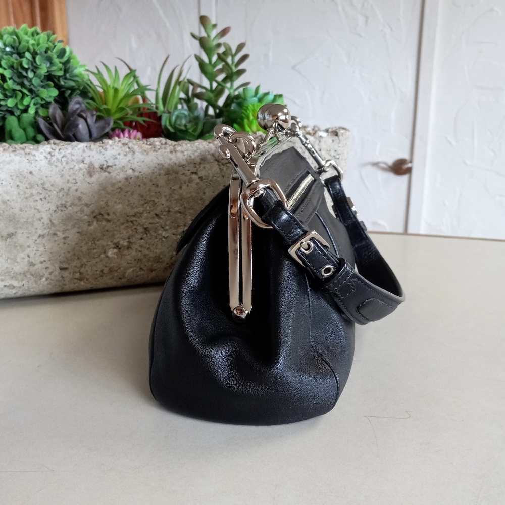 Coach Vintage, Kisslock Frame Satchel, all Black Smooth Leather. - Picture 5 of 9